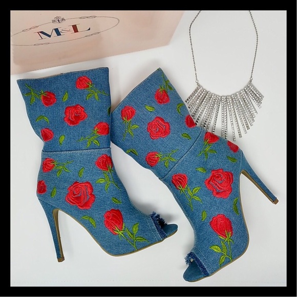 M&L Beverly Hills Shoes - Denim Floral Embroidered Peep Toe Booties